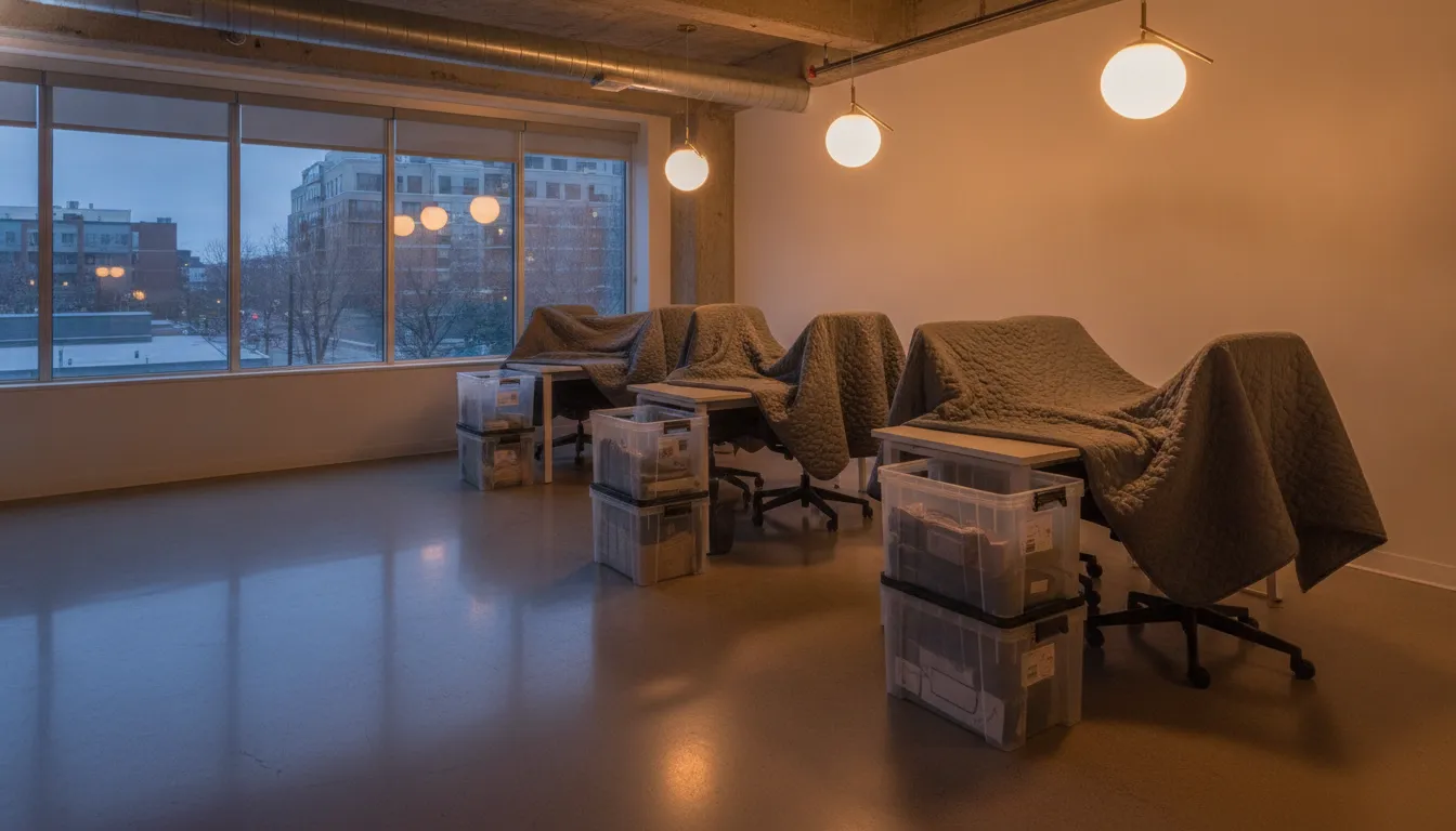 Office furniture wrapped in moving blankets