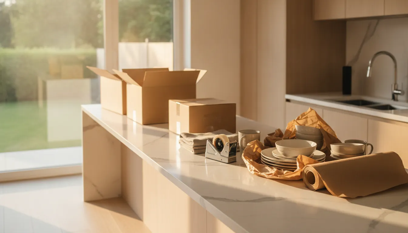 Dishes wrapped in packing paper on a kitchen counter